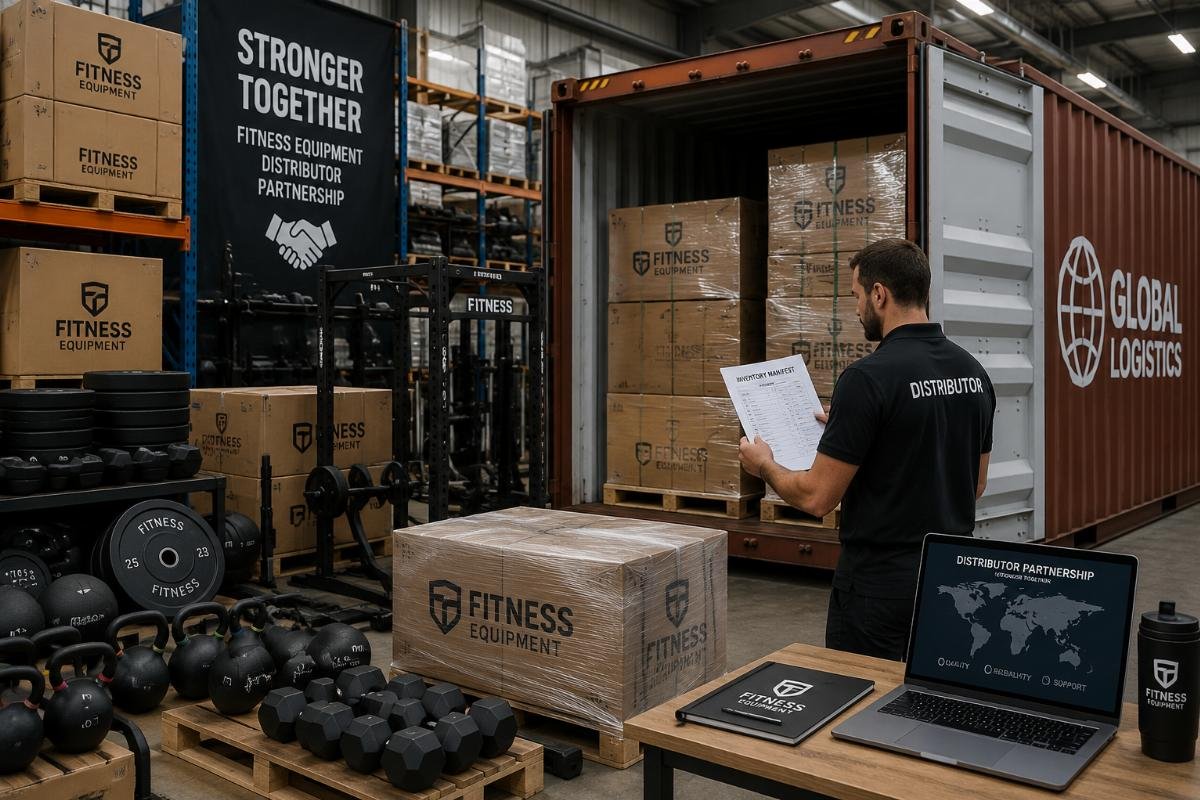 A warehouse of stacked fitness equipment next to a shipping container, with a distributor checking inventory manifests