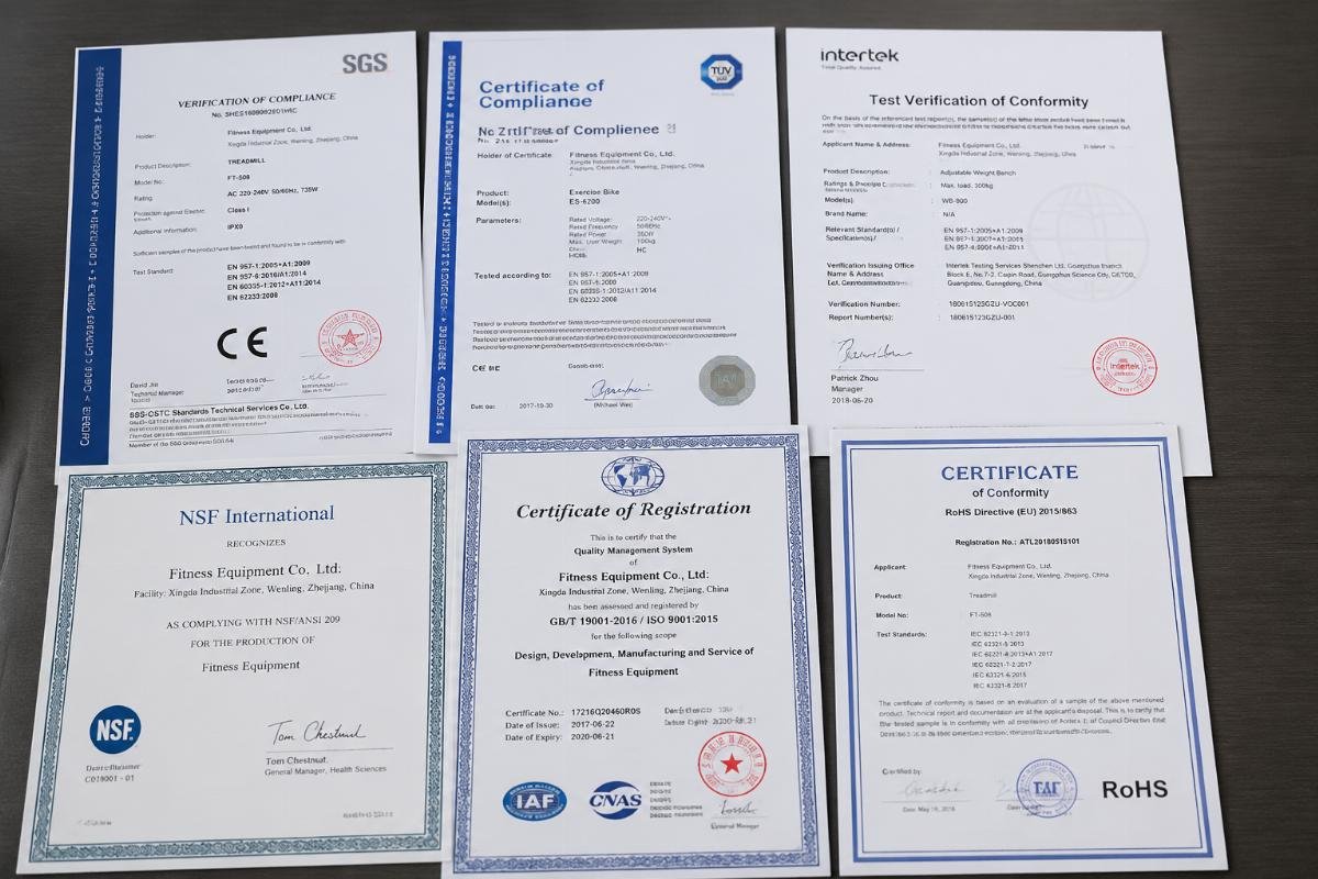 A set of official certification documents for fitness equipment manufacturing standards