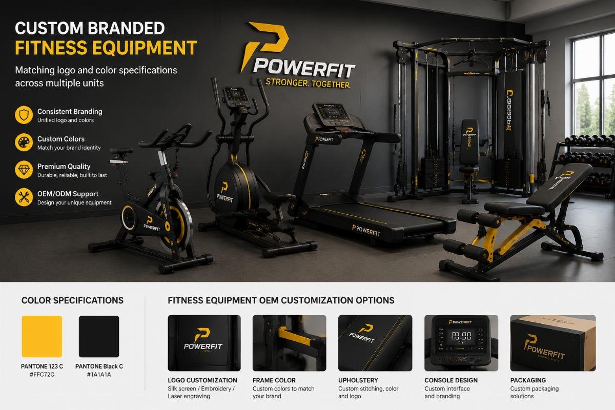 Fitness equipment OEM customization options Custom branded fitness equipment showing matching logo and color specifications across multiple units