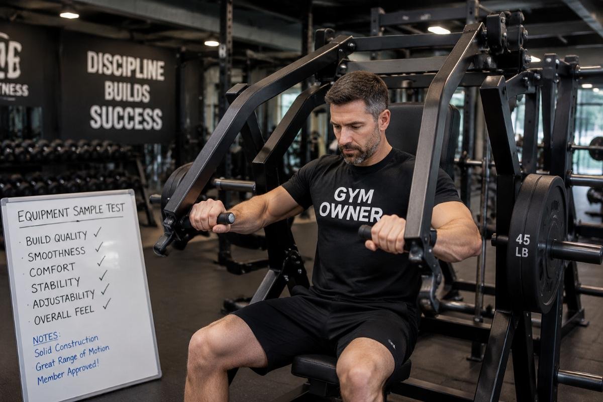 fitness equipment sample testing A gym owner testing a strength training sample at their facility