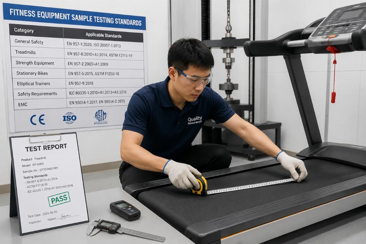 fitness equipment sample testing standards A technician testing a fitness equipment sample with measurement tools