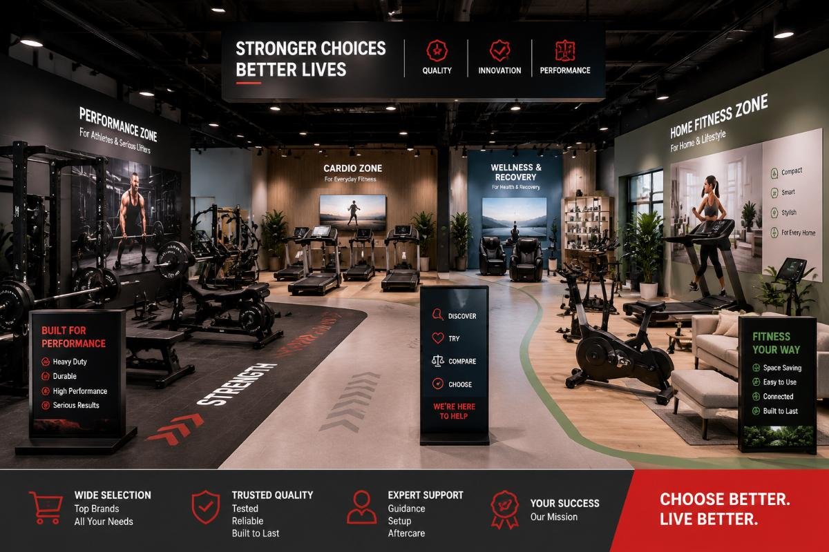 Fitness equipment showroom with segmented scenario zones for different buyer groups