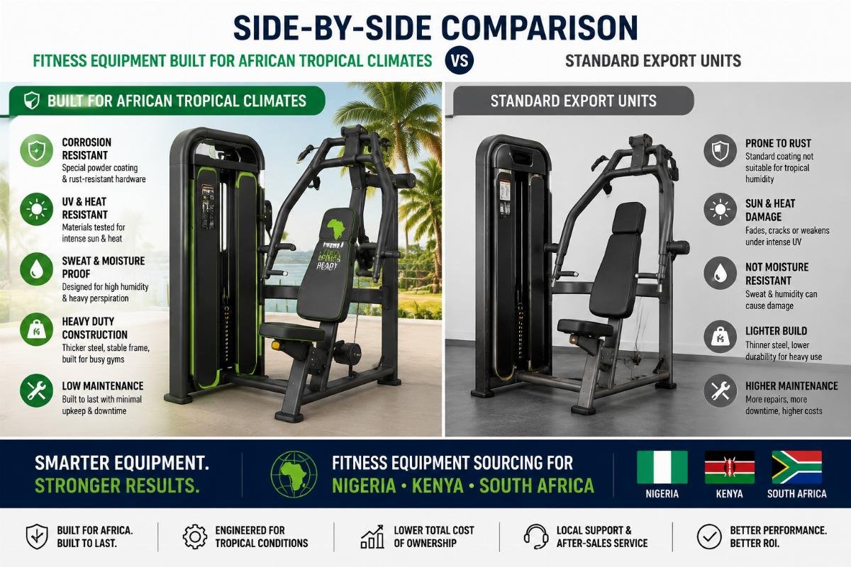 Side-by-side comparison of fitness equipment built for African tropical climates vs standard export units