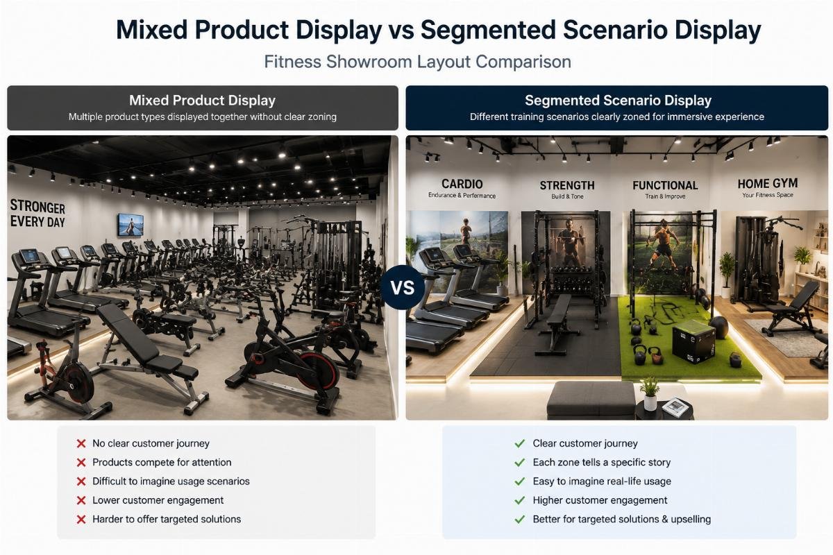 Fitness showroom layout comparison Mixed product display vs segmented scenario display in fitness equipment showroom