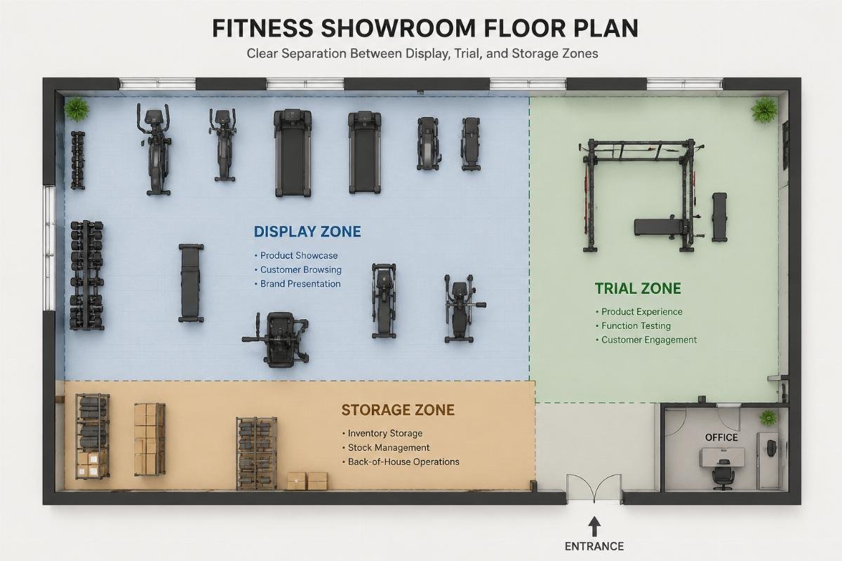Fitness showroom space allocation guide Showroom floor plan diagram showing clear separation between display, trial, and storage zones