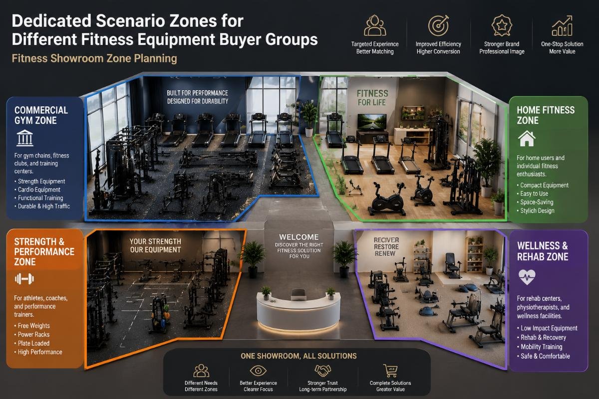 Fitness showroom zone planning Dedicated scenario zones for different fitness equipment buyer groups