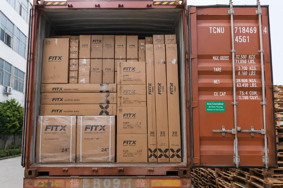 Full container private label fitness equipment order A finished full 40HQ container of custom branded fitness equipment ready for shipment