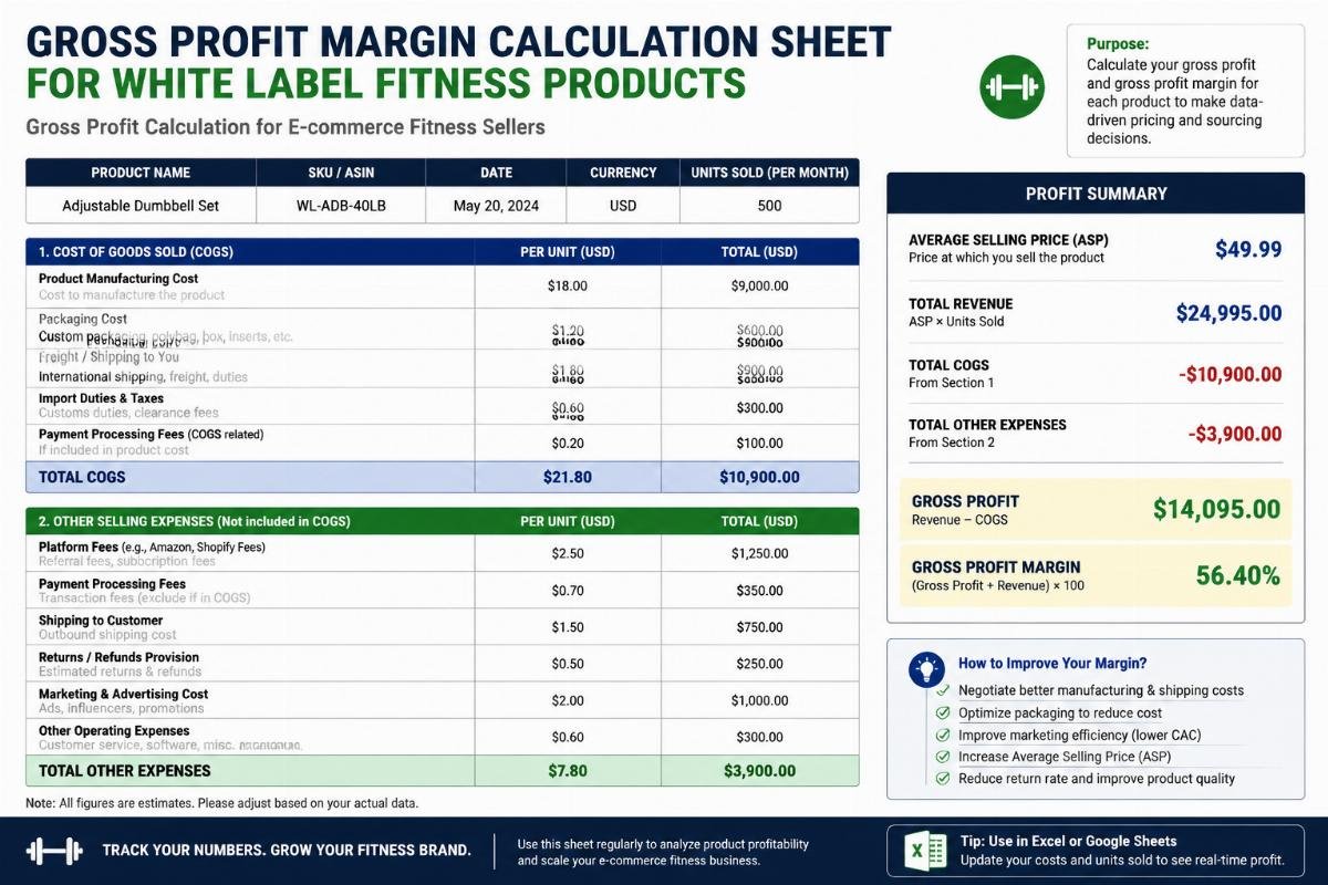 gross profit calculation for e-commerce fitness sellers Gross profit margin calculation sheet for white label fitness products