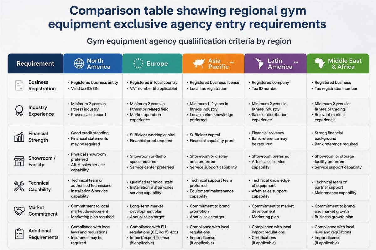 Gym equipment agency qualification criteria by region Comparison table showing regional gym equipment exclusive agency entry requirements