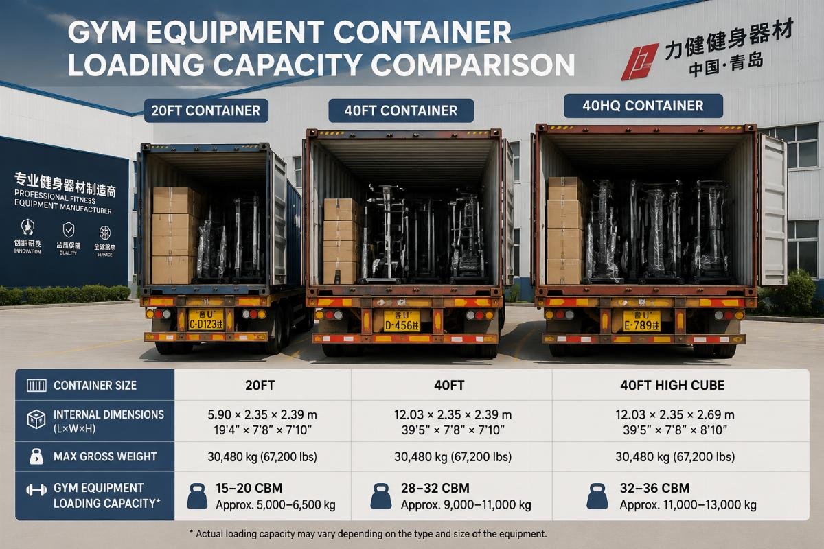 Three standard shipping containers (20ft, 40ft, 40HQ) staged at a Chinese fitness factory loading dock