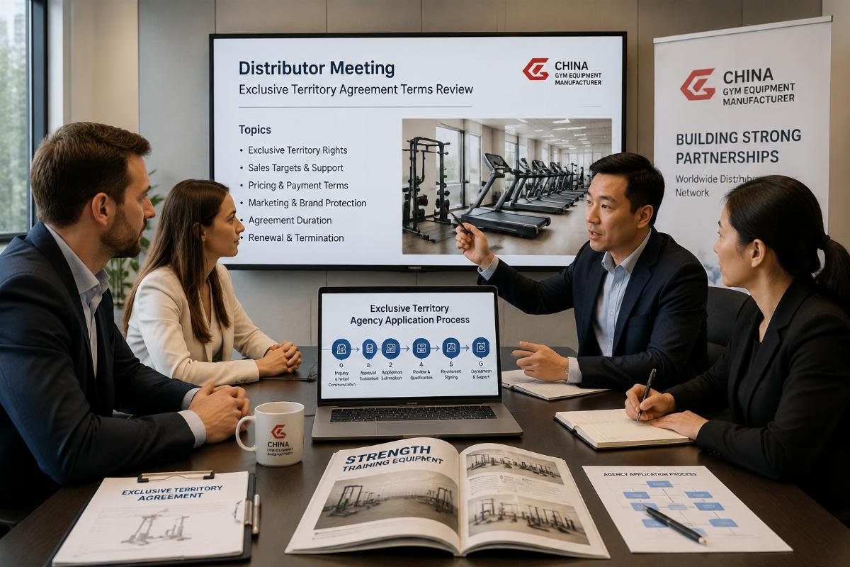 Distributor meeting with Chinese gym equipment manufacturer representative to review exclusive territory agreement terms