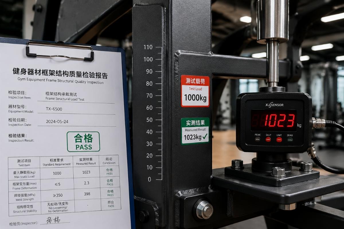 Gym equipment frame structural quality inspection A close-up of a gym equipment frame with measurement markings showing structural load test results