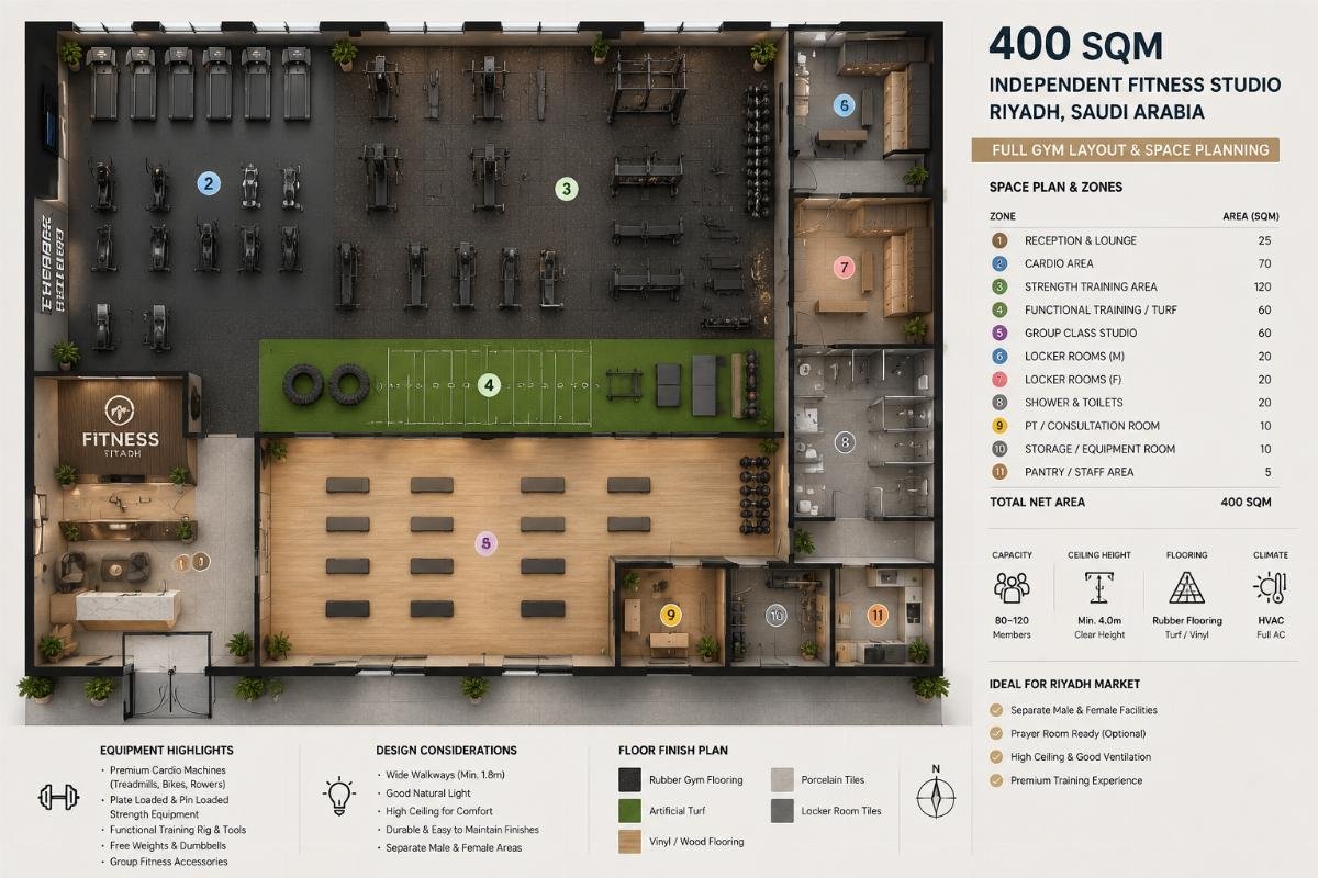 Gym space planning for Middle East studios Full gym equipment layout for a 400 sqm independent fitness studio in Riyadh