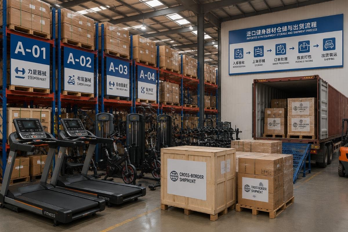 A warehouse scene showing stacked gym equipment ready for cross-border shipment with labeled storage racks