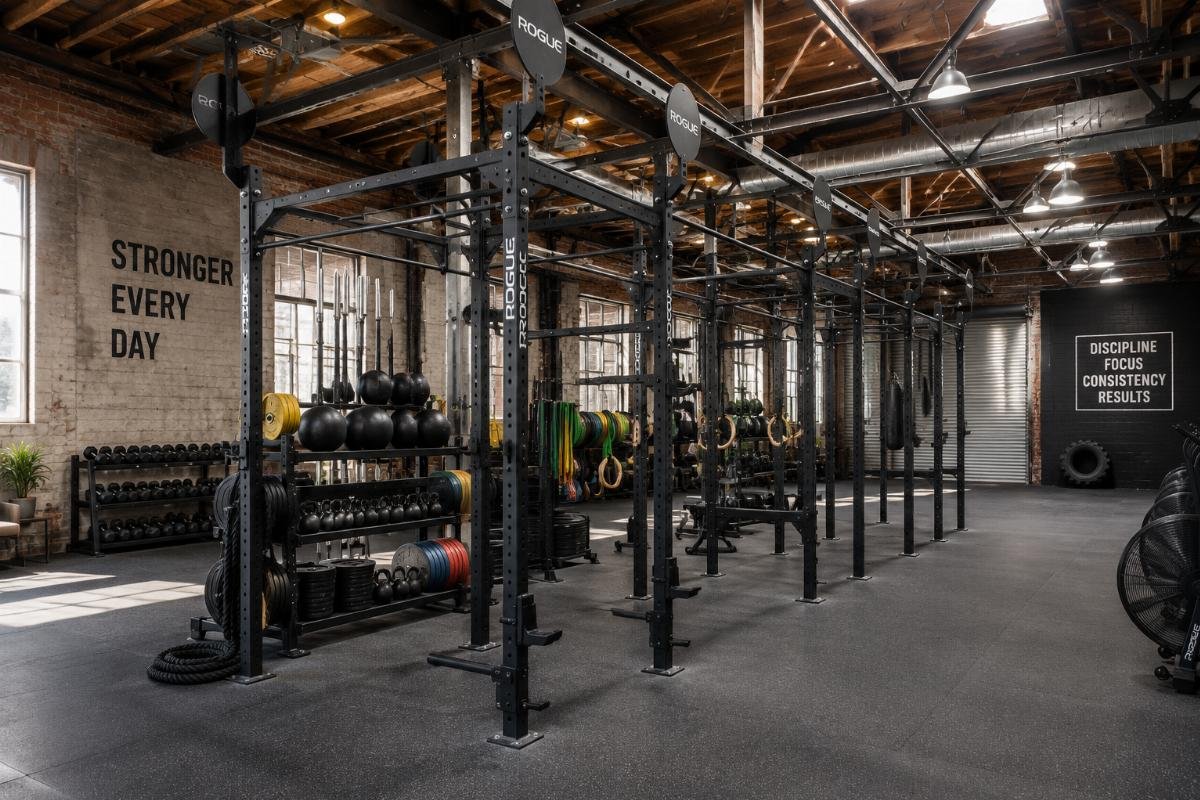 industrial space gym functional training setup Installed functional training rig in a converted warehouse gym