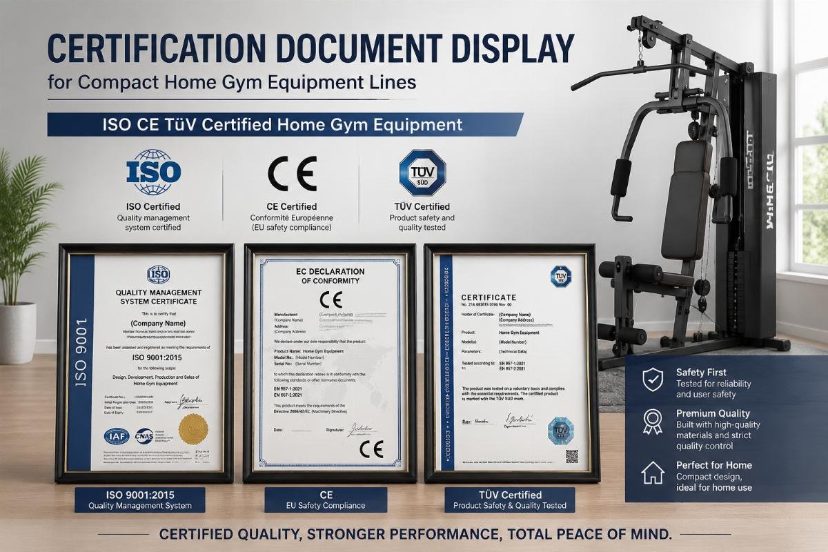 ISO CE TüV certified home gym equipment Certification document display for compact home gym equipment lines