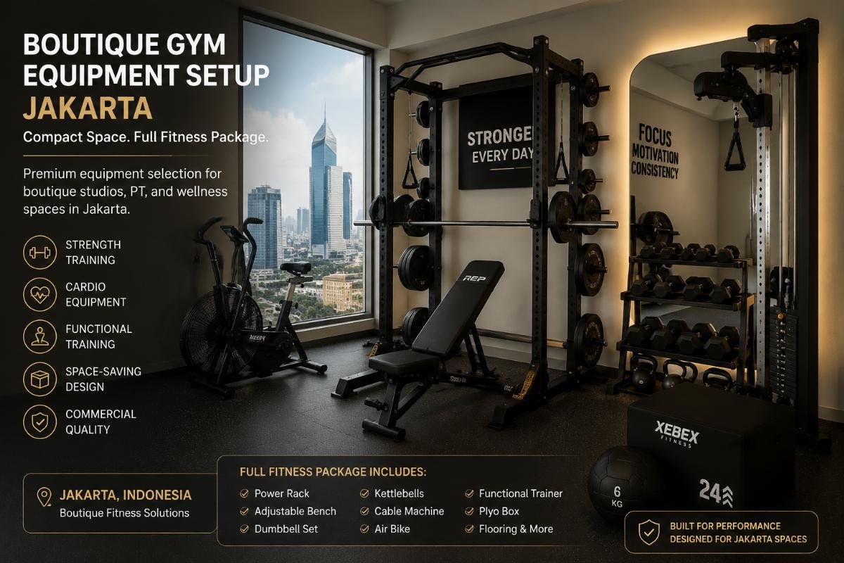 Jakarta boutique studio fitness equipment package Boutique gym equipment setup in Jakarta showing compact space optimized full fitness package