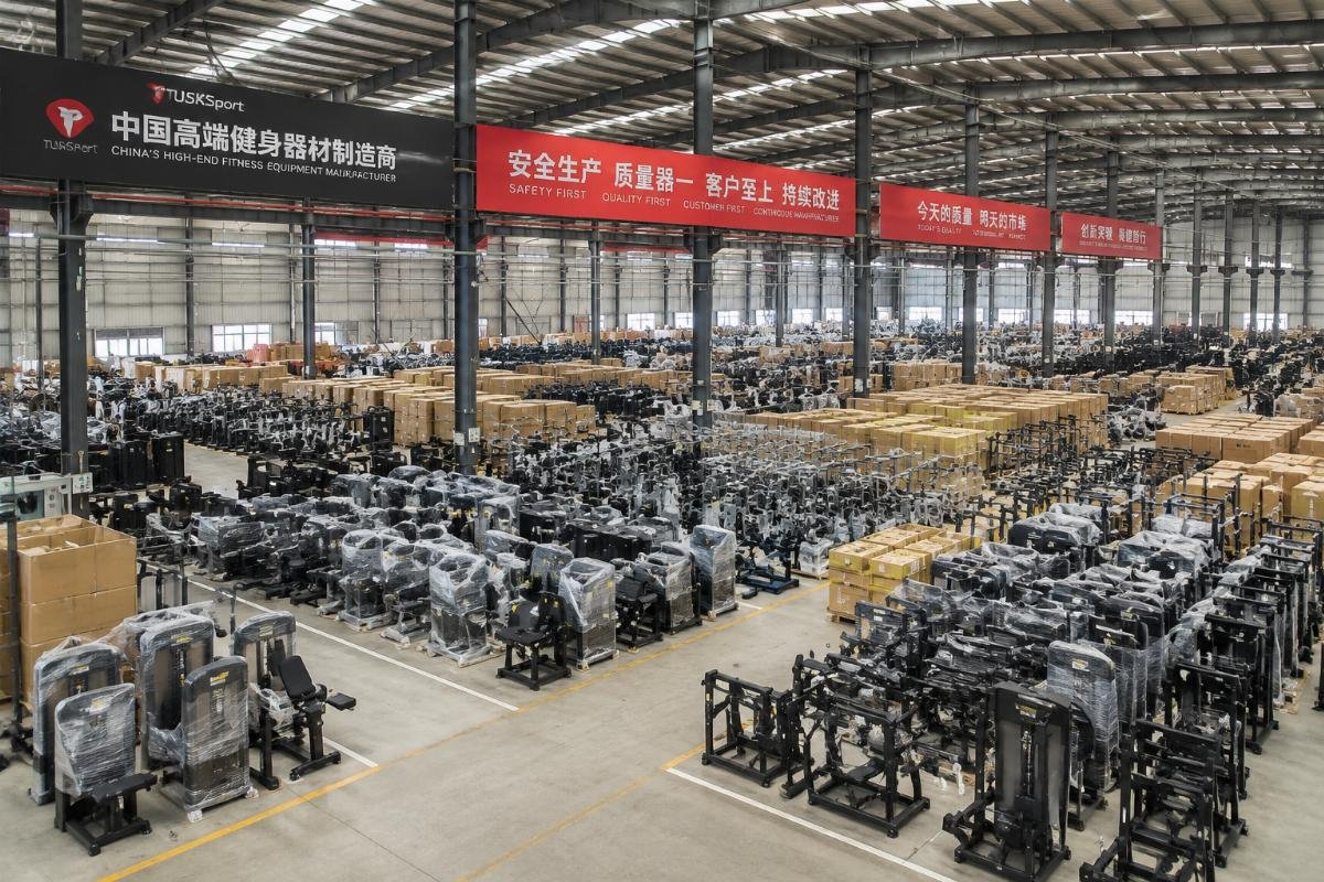 Large Chinese gym equipment factory warehouse 30,000 square meter gym equipment factory warehouse with stacked ready-to-ship inventory