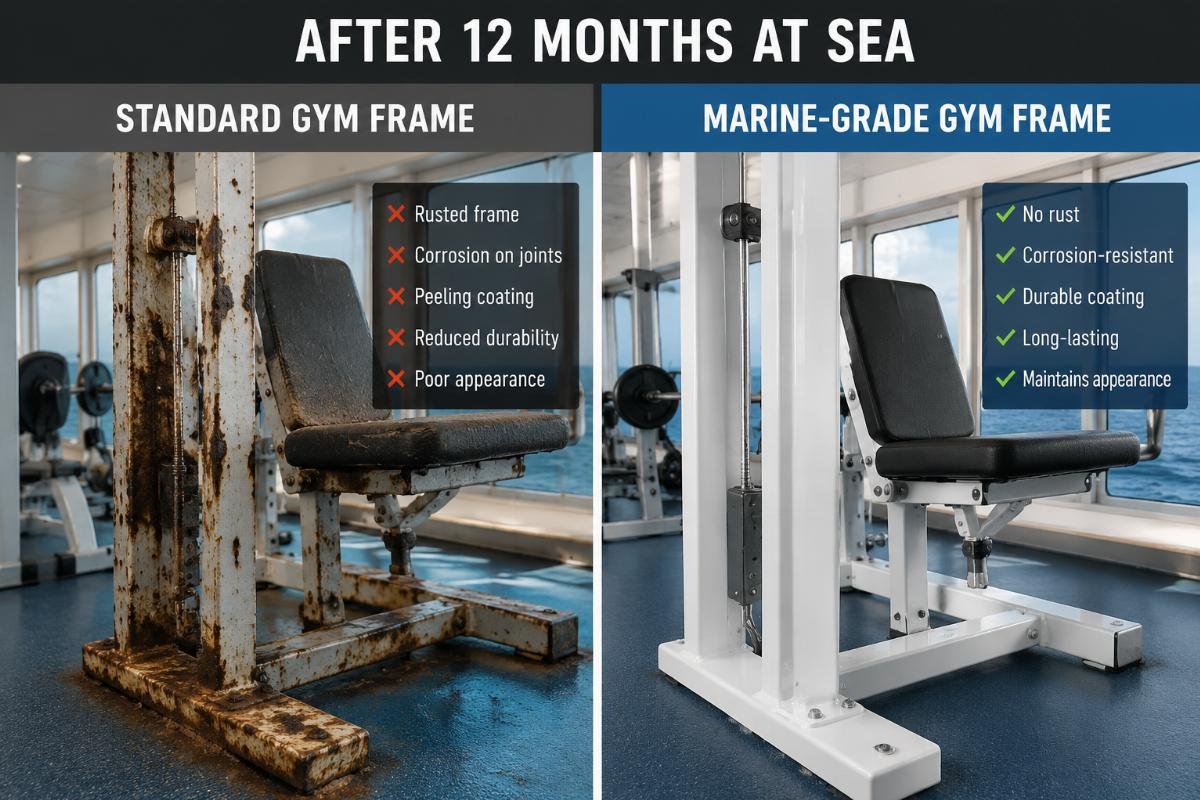 Side-by-side comparison of a corroded standard gym frame and an intact marine-grade gym frame after 12 months at sea