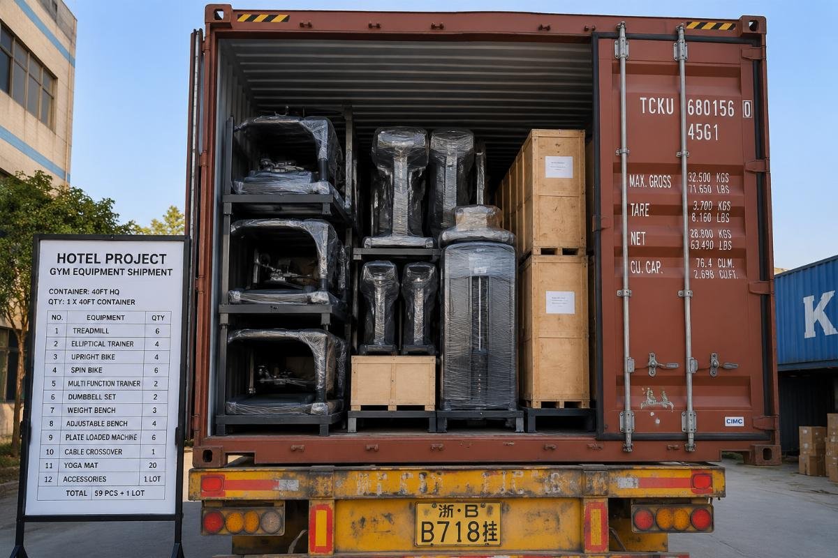 Matching order volume to correct container size A full 40ft container being loaded with gym equipment for a hotel project shipment