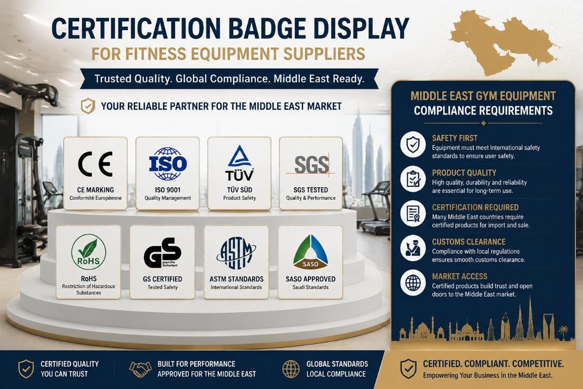 Middle East gym equipment compliance requirements Certification badge display for fitness equipment suppliers targeting Middle East buyers