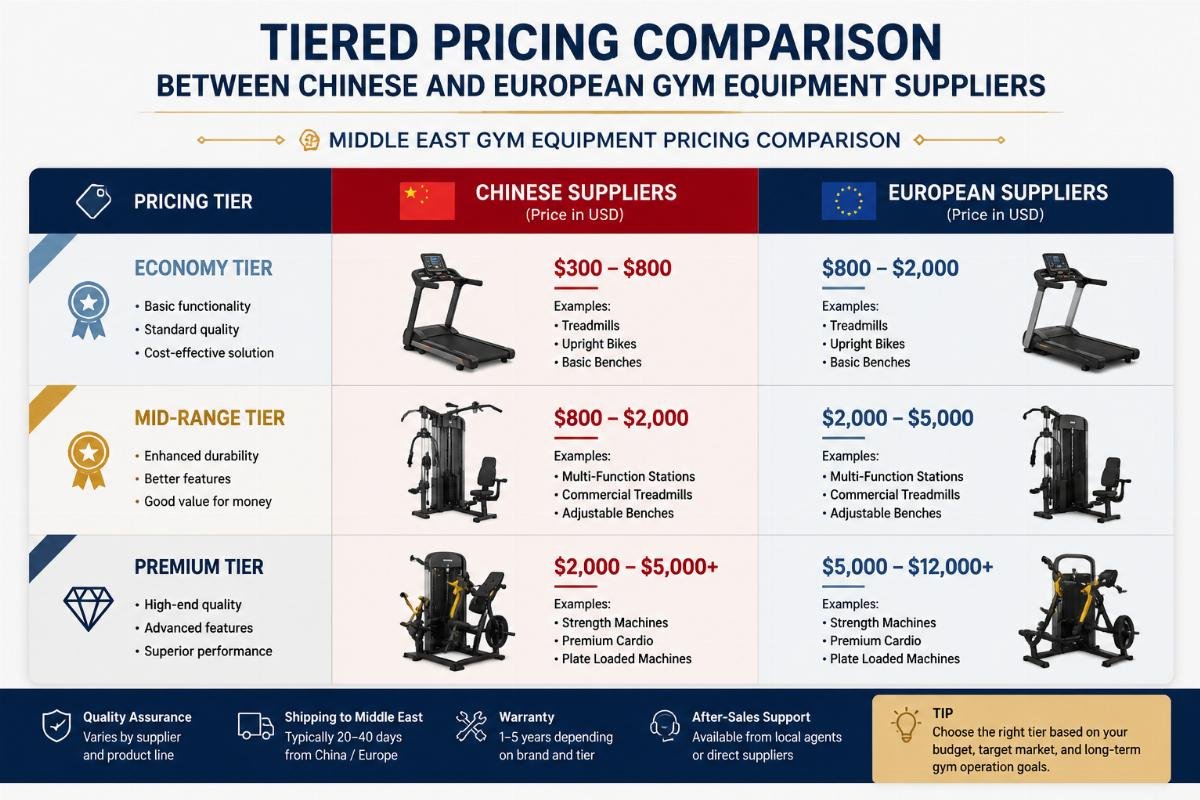 Middle East gym equipment pricing comparison Tiered pricing comparison between Chinese and European gym equipment suppliers