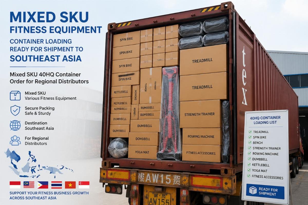 Mixed SKU 40HQ container order for regional distributors Mixed SKU fitness equipment container loading ready for shipment to Southeast Asia