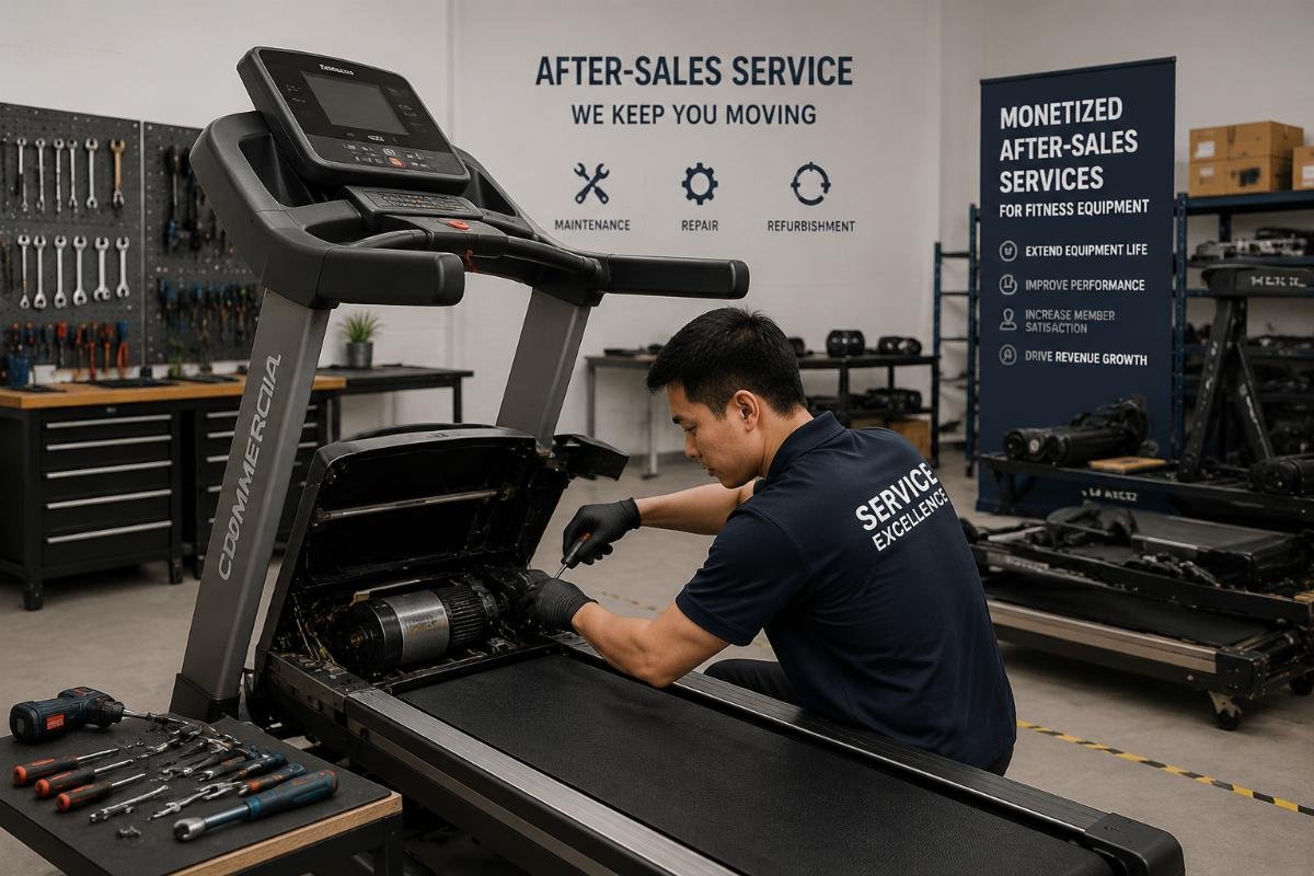 Monetized after-sales services for fitness equipment A technician performing equipment refurbishment on a used commercial treadmill in a service center workshop