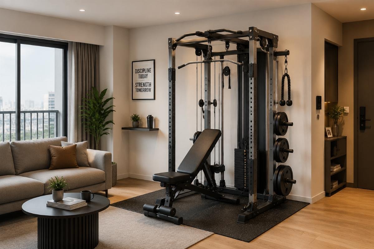 multi-functional home gym for residential use Multi-functional compact home gym installed in a small apartment living area