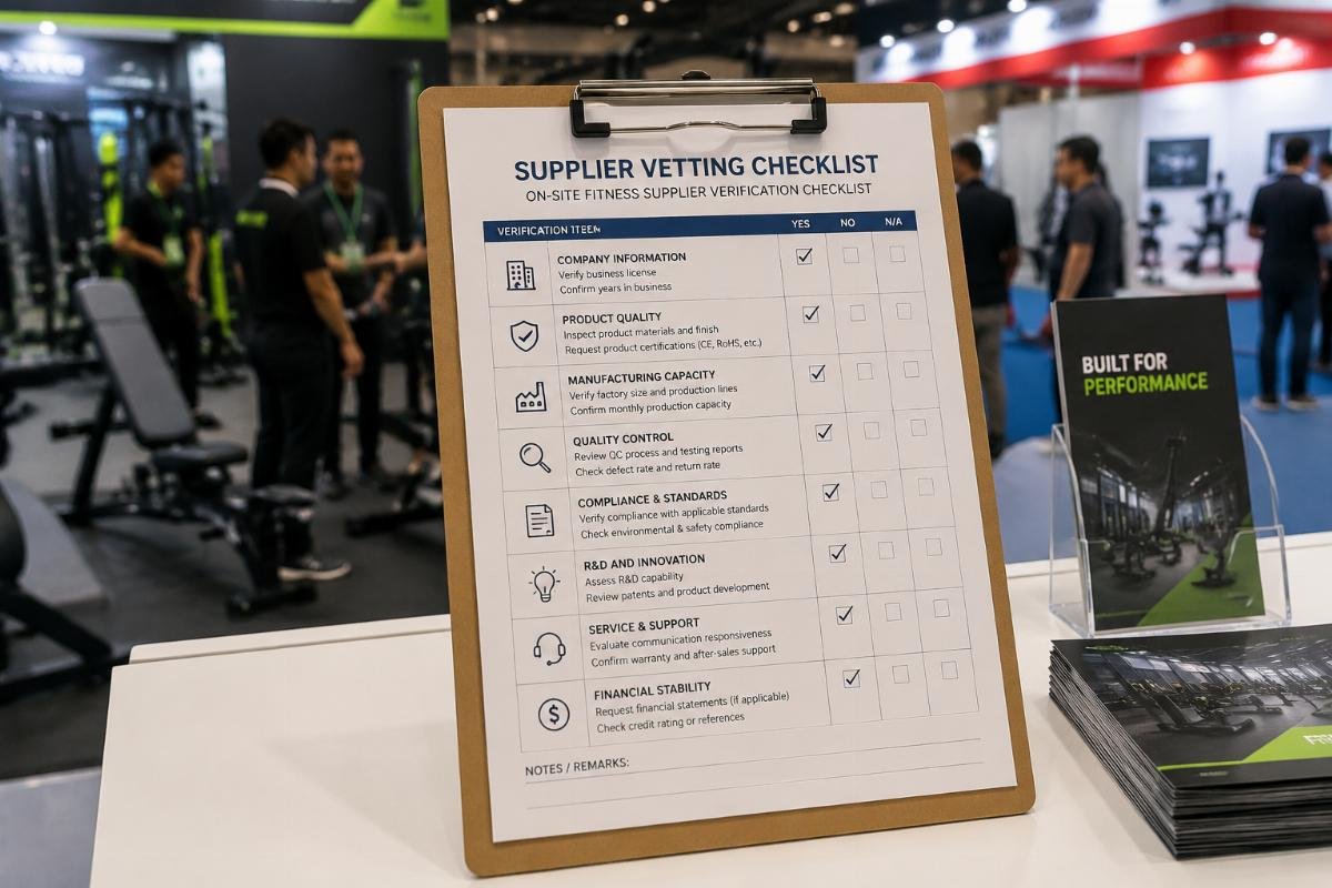 On-site fitness supplier verification checklist Supplier vetting checklist on clipboard at trade show booth