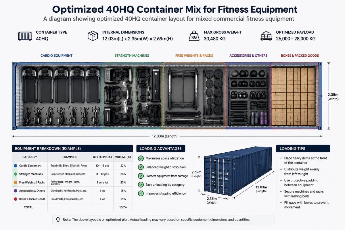 Optimized 40HQ container mix for fitness equipment A diagram showing optimized 40HQ container layout for mixed commercial fitness equipment