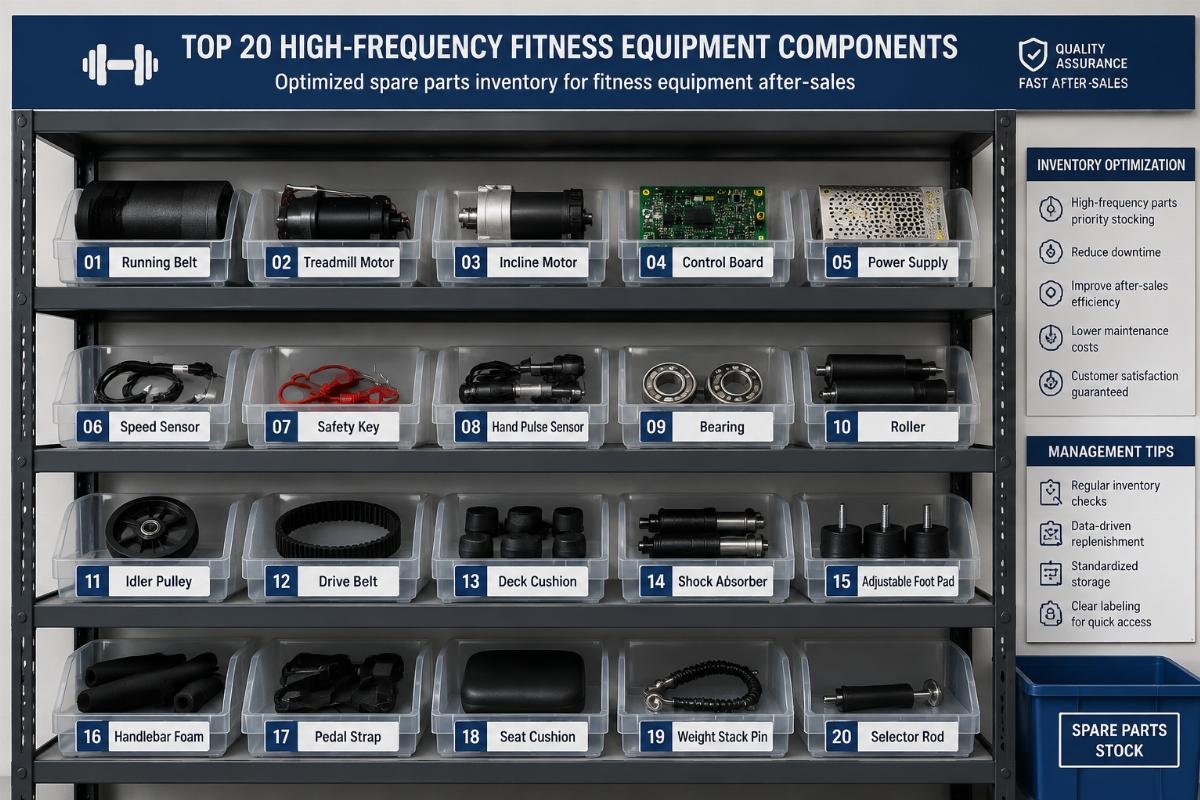 Optimized spare parts inventory for fitness equipment after-sales A spare parts storage shelf with clear labels for top 20 high-frequency fitness equipment components