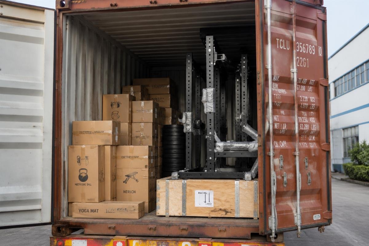Partial 20ft container for small gym starter orders A partial 20ft container loaded with starter gym equipment packages for a small studio