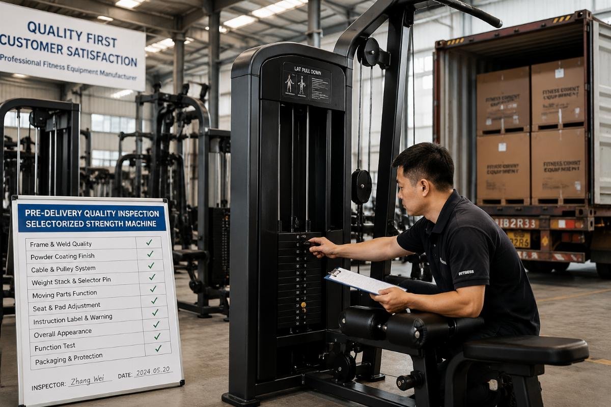 Pre-delivery quality inspection for bulk fitness orders A factory quality control technician testing a selectorized strength machine prior to container loading