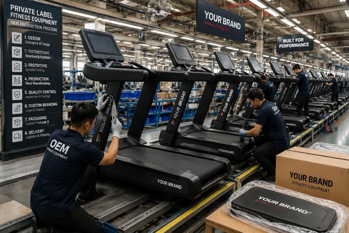 Private label fitness equipment OEM production process A production line of commercial fitness equipment being assembled with custom branding markings