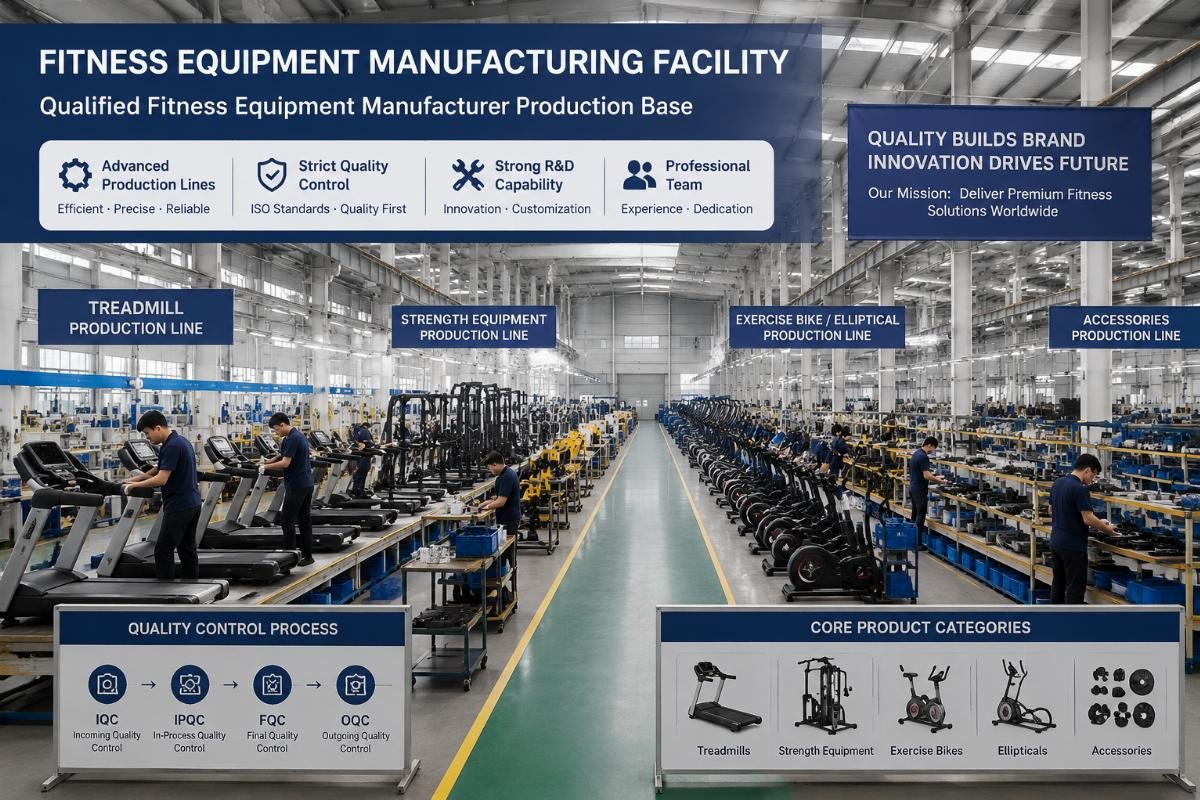 Qualified fitness equipment manufacturer production base Fitness equipment manufacturing facility floor showing production lines for core product categories
