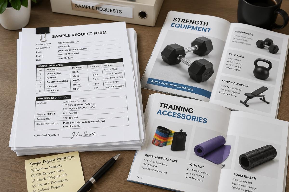 sample request preparation A stack of sample request documents paired with fitness equipment catalog pages