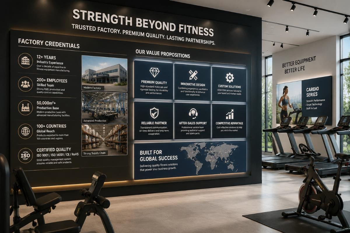 Showroom value point display Display of factory credentials and value propositions in fitness showroom