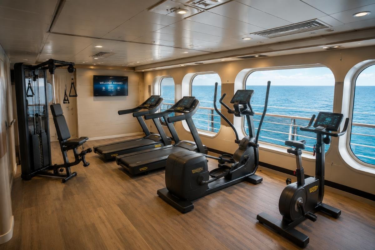 Space efficient marine grade cruise gym equipment Compact cardio equipment installed in a 15 sq m cruise ship fitness space