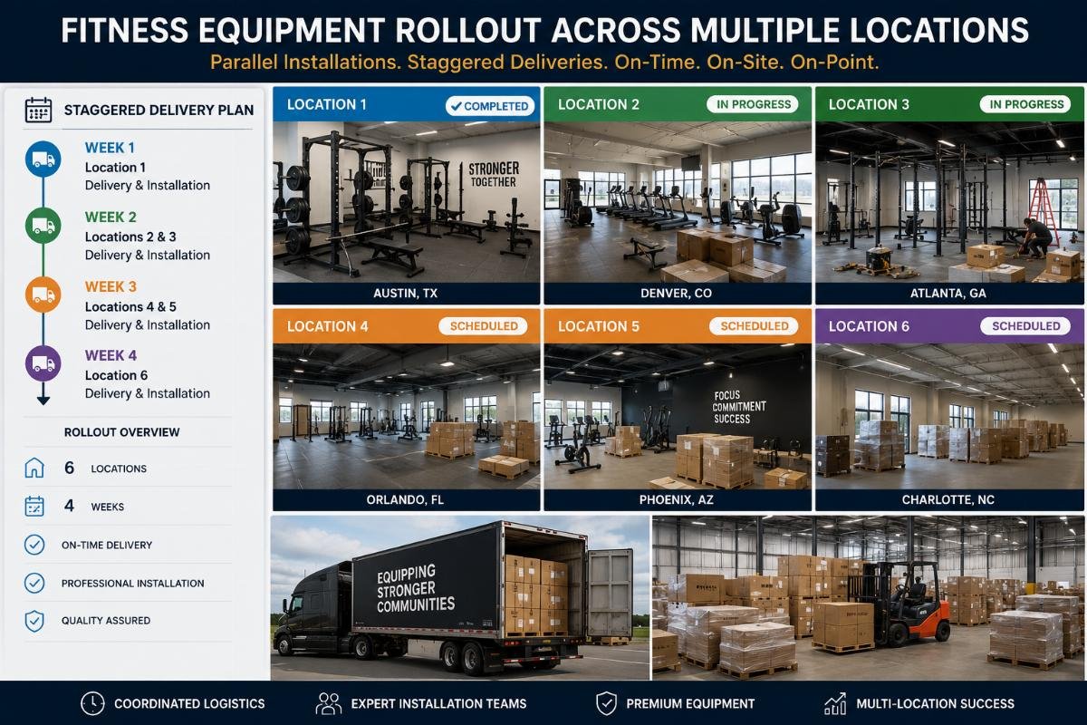Staggered delivery for multi-location franchise fitness rollouts Fitness equipment being installed across multiple franchise locations in parallel
