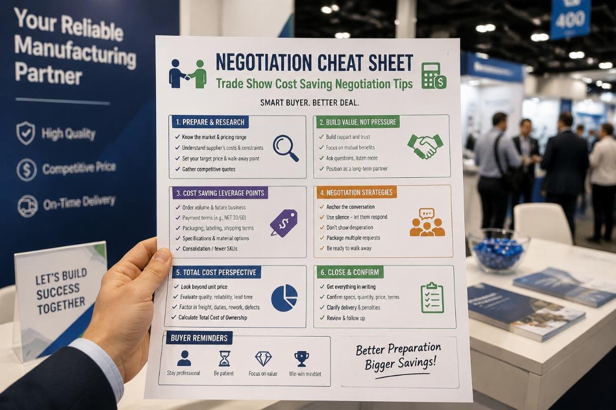Trade show cost saving negotiation tips Negotiation cheat sheet held by buyer at trade show booth