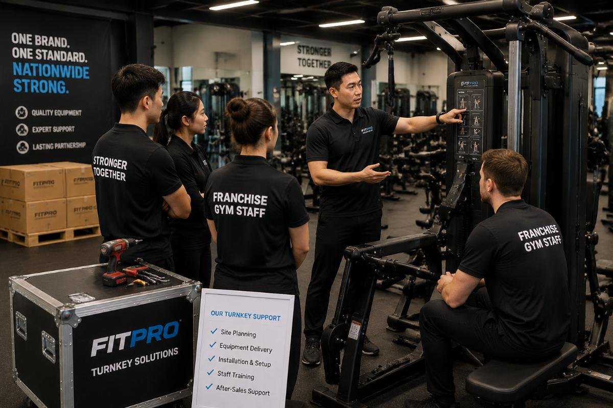 Turnkey support for franchise fitness chain equipment rollouts A supplier team conducting on-site training for franchise gym staff