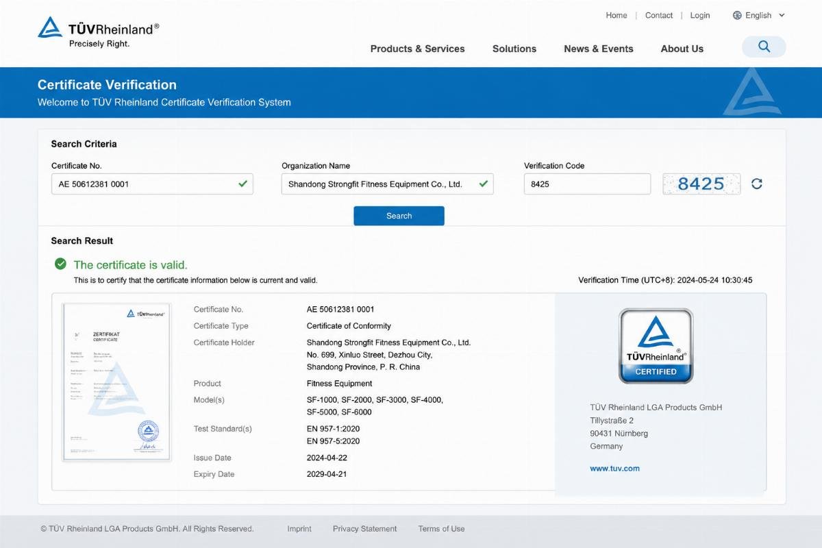 verify fitness equipment manufacturer certification validity A screenshot view of an official TüV certification search result for a fitness equipment manufacturer