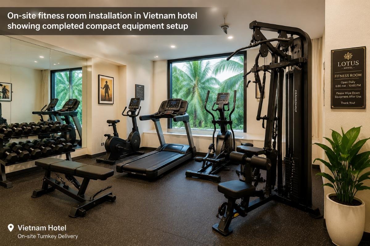 Vietnam hotel on-site fitness room turnkey delivery On-site fitness room installation in Vietnam hotel showing completed compact equipment setup